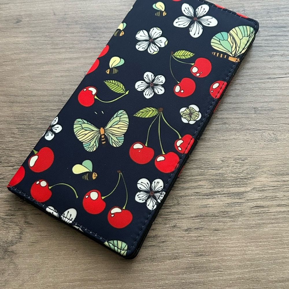 RFID Cherry Print Long Wallet Navy Floral Butterfly Card Holder - Picture 4 of 8